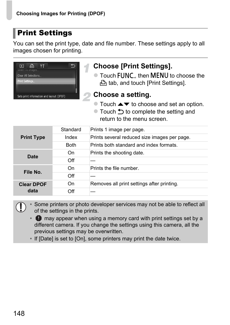 Print settings, Choose [print settings, Choose a setting | Canon IXUS 1100 HS User Manual | Page 148 / 209