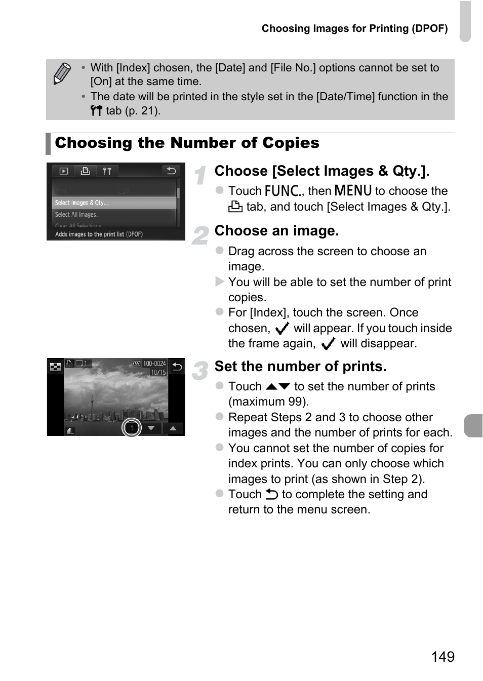 P. 149) or phot, Choosing the number of copies, 149 choose [select images & qty | Choose an image, Set the number of prints | Canon IXUS 1100 HS User Manual | Page 149 / 209