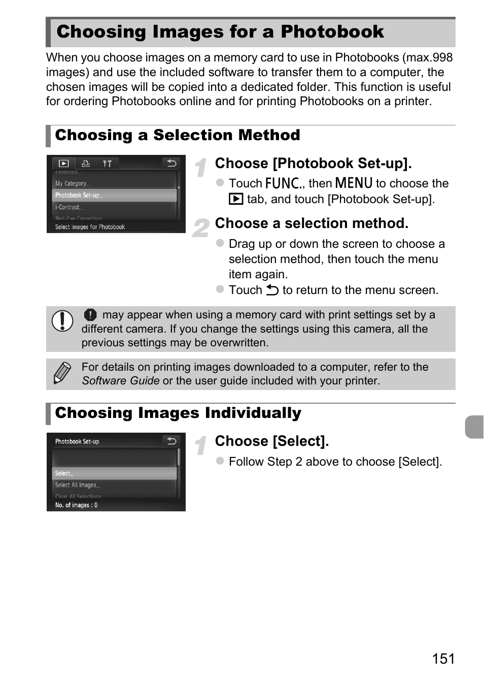 Choosing images for a photobook, Choosing images for a, Photobook | Ngs (p. 151), Ook” (p. 151), Ok” (p. 151), P. 151), Choosing a selection method, Choosing images individually | Canon IXUS 1100 HS User Manual | Page 151 / 209