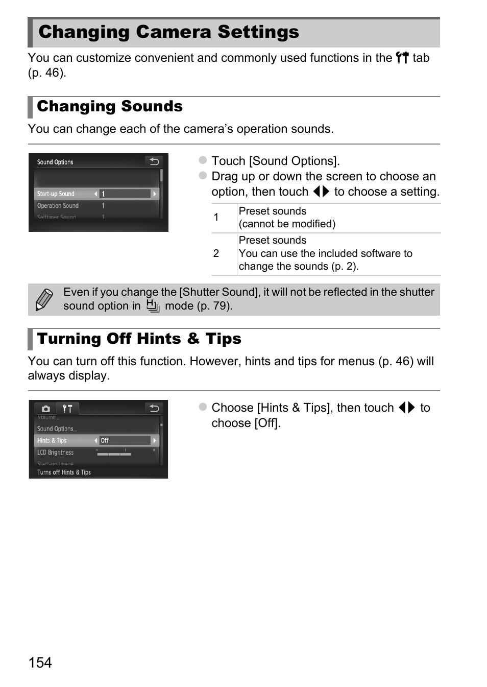 Changing camera settings, P. 154), Changing sounds | Turning off hints & tips | Canon IXUS 1100 HS User Manual | Page 154 / 209