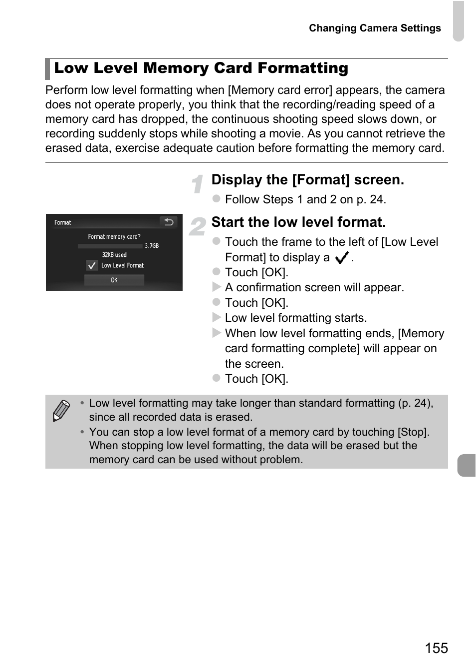 55), pro, Display the [format] screen, Start the low level format | Canon IXUS 1100 HS User Manual | Page 155 / 209