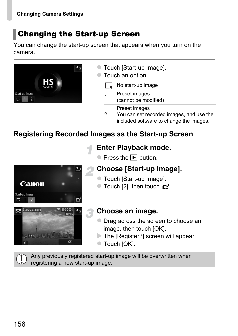P. 156), Changing the start-up screen, Choose [start-up image | Choose an image | Canon IXUS 1100 HS User Manual | Page 156 / 209
