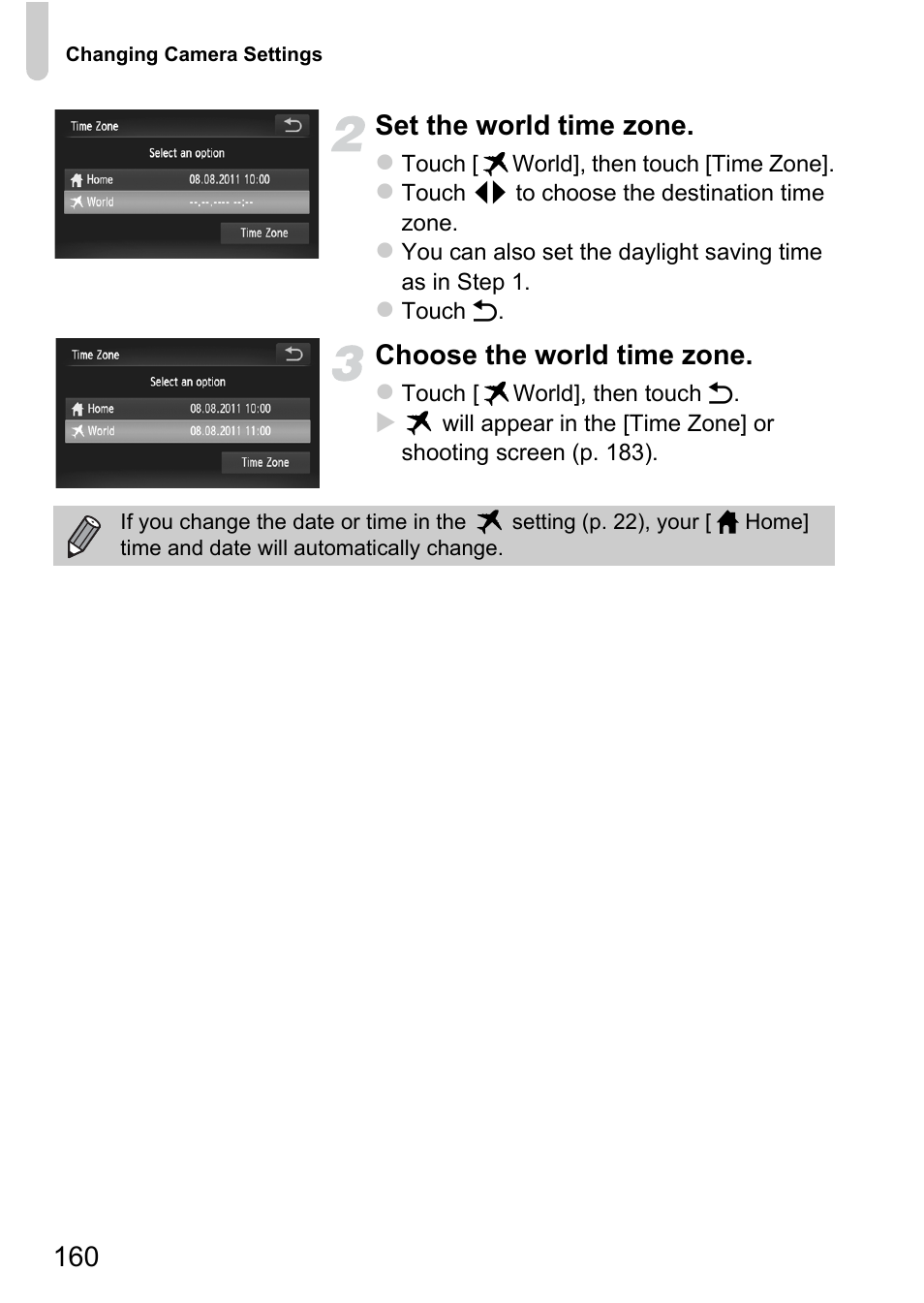 160 set the world time zone, Choose the world time zone | Canon IXUS 1100 HS User Manual | Page 160 / 209