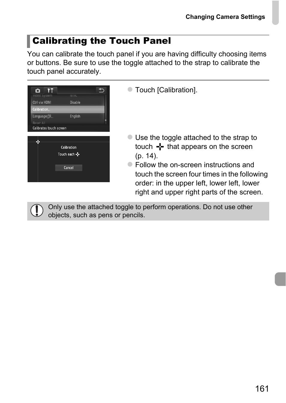 P. 161), Calibrating the touch panel | Canon IXUS 1100 HS User Manual | Page 161 / 209