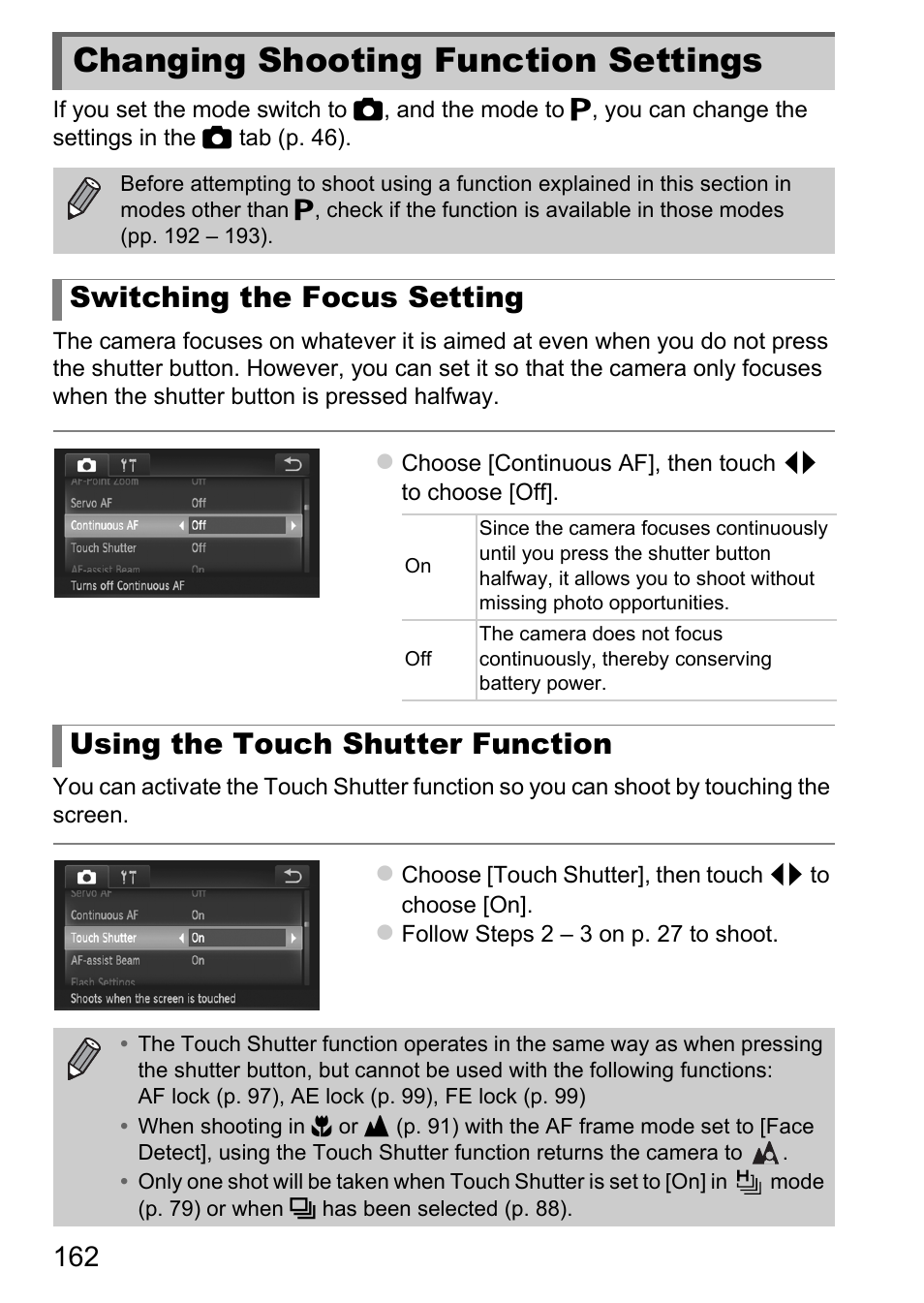 Changing shooting function settings, Changing shooting, Function settings | Switching the focus setting, Using the touch shutter function | Canon IXUS 1100 HS User Manual | Page 162 / 209