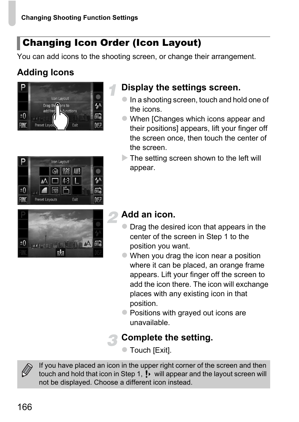 Con layout) (p. 166, Changing icon order (icon layout) | Canon IXUS 1100 HS User Manual | Page 166 / 209