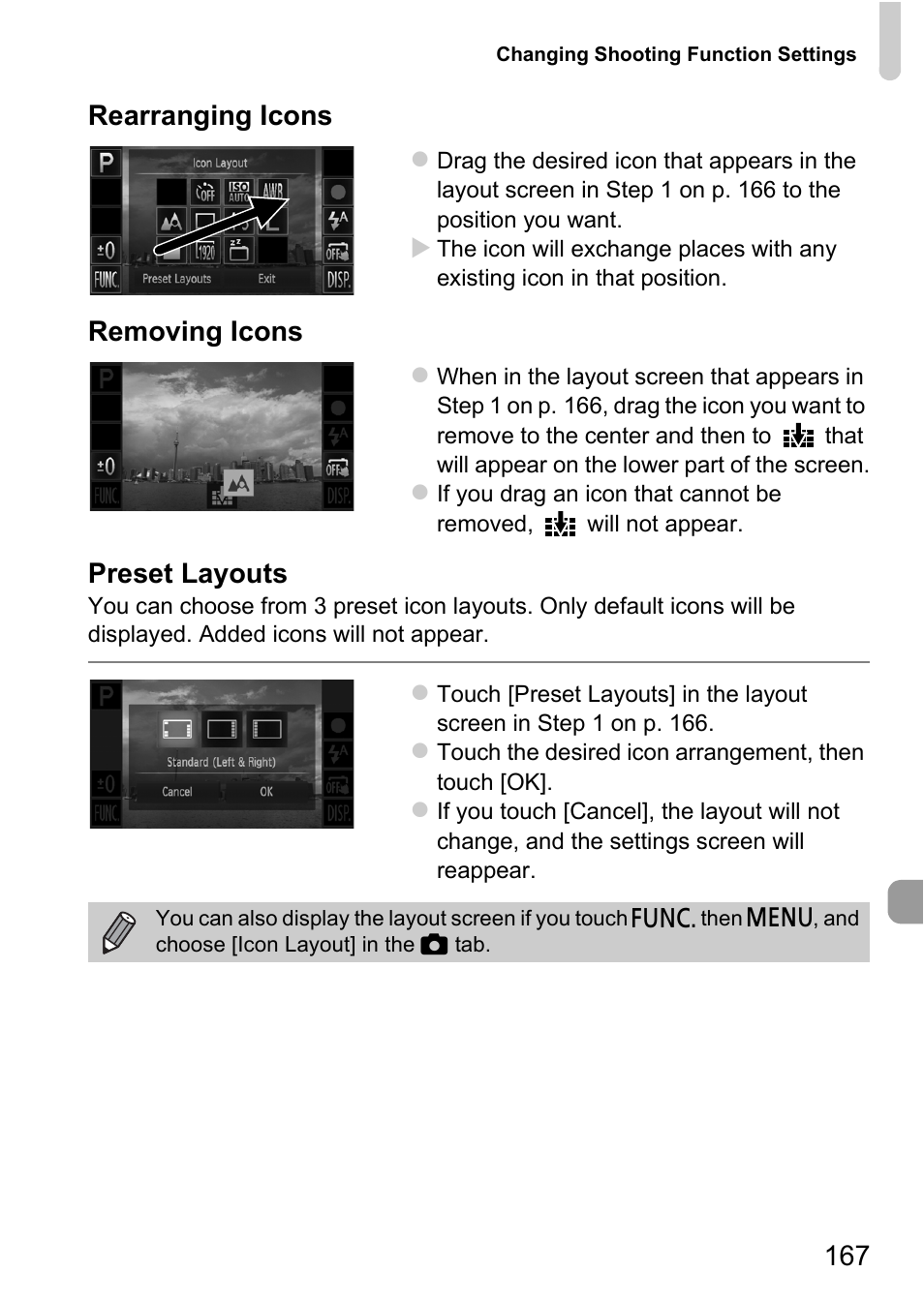 167 rearranging icons, Removing icons, Preset layouts | Canon IXUS 1100 HS User Manual | Page 167 / 209