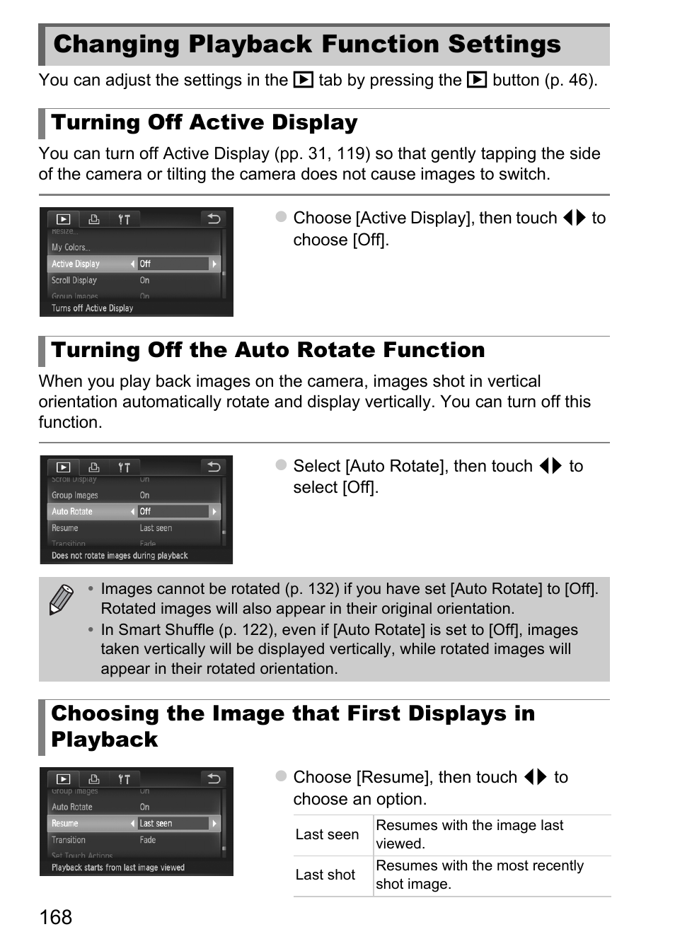 Changing playback function settings, Changing playback, Function settings | Choosing the image that first displays in playback | Canon IXUS 1100 HS User Manual | Page 168 / 209