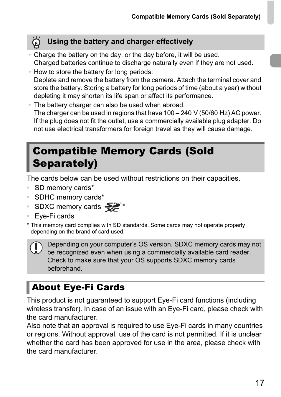 Compatible memory cards (sold separately), Compatible memory cards (sold, Separately) | About eye-fi cards | Canon IXUS 1100 HS User Manual | Page 17 / 209