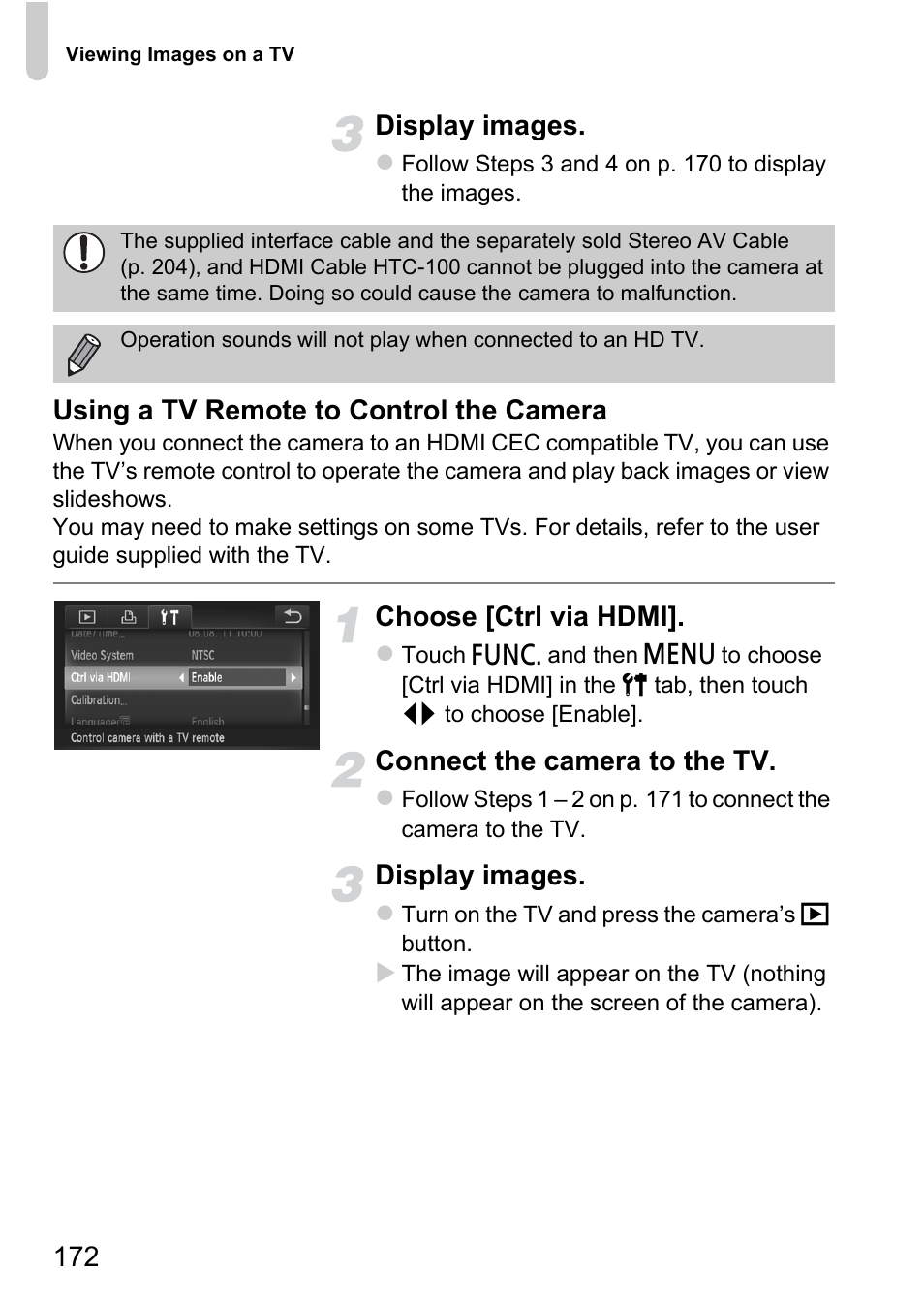 172 display images, Using a tv remote to control the camera, Choose [ctrl via hdmi | Connect the camera to the tv, Display images | Canon IXUS 1100 HS User Manual | Page 172 / 209
