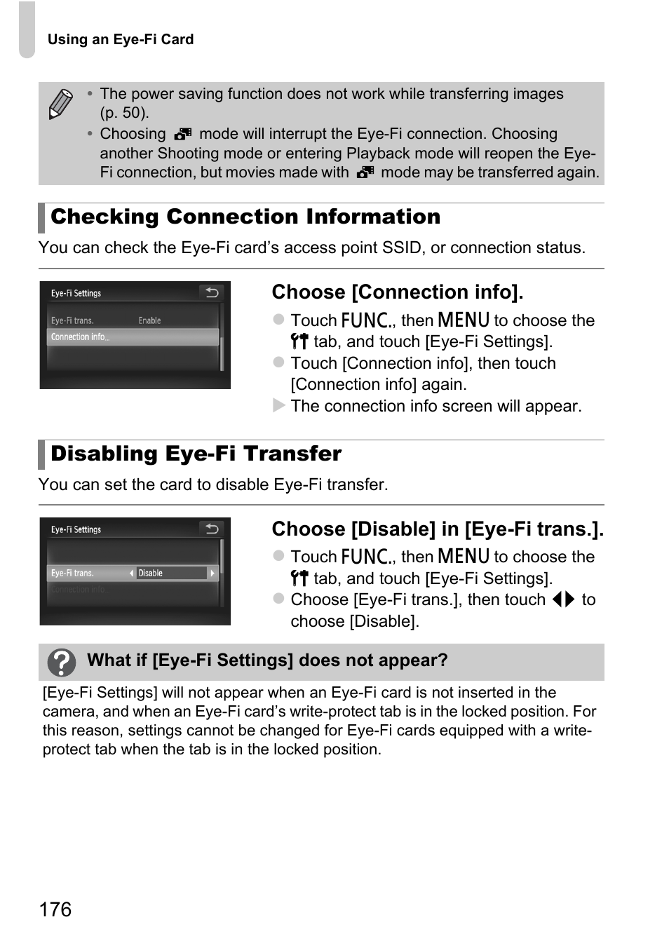 Choose [connection info, Choose [disable] in [eye-fi trans | Canon IXUS 1100 HS User Manual | Page 176 / 209