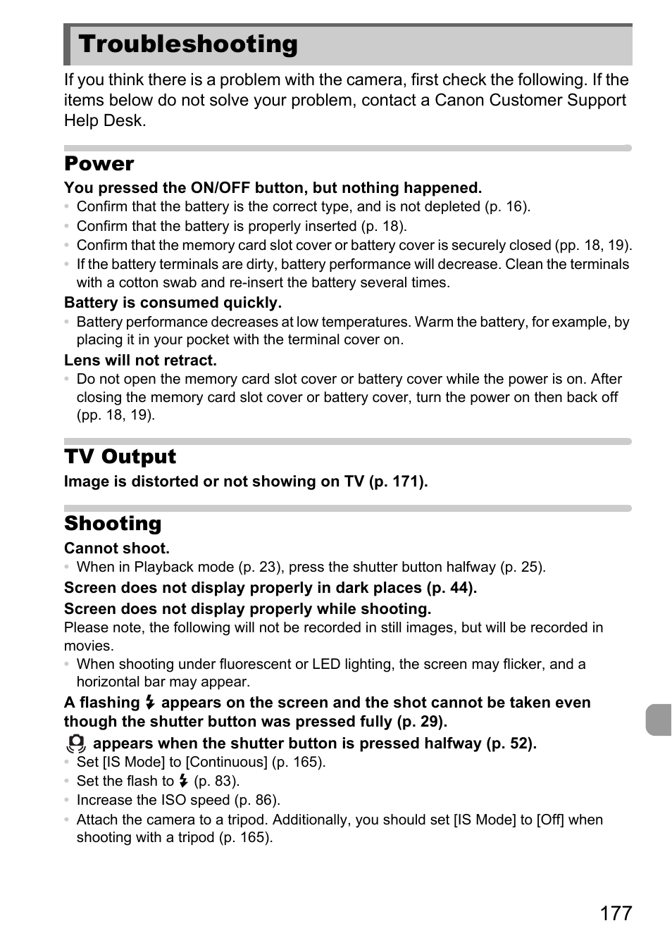 Troubleshooting, Power, Tv output | Shooting | Canon IXUS 1100 HS User Manual | Page 177 / 209