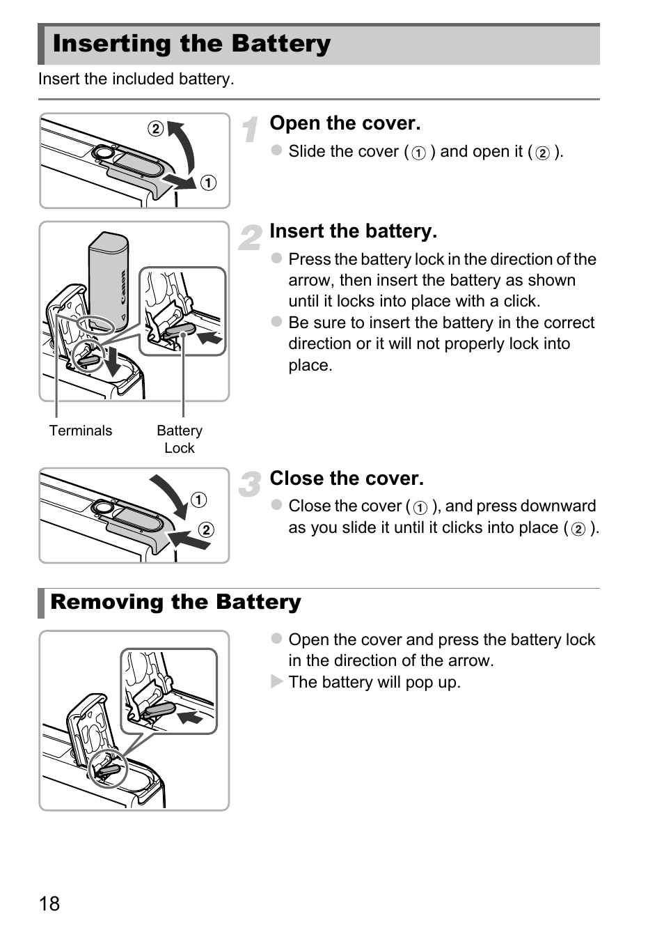 Inserting the battery, Removing the battery | Canon IXUS 1100 HS User Manual | Page 18 / 209