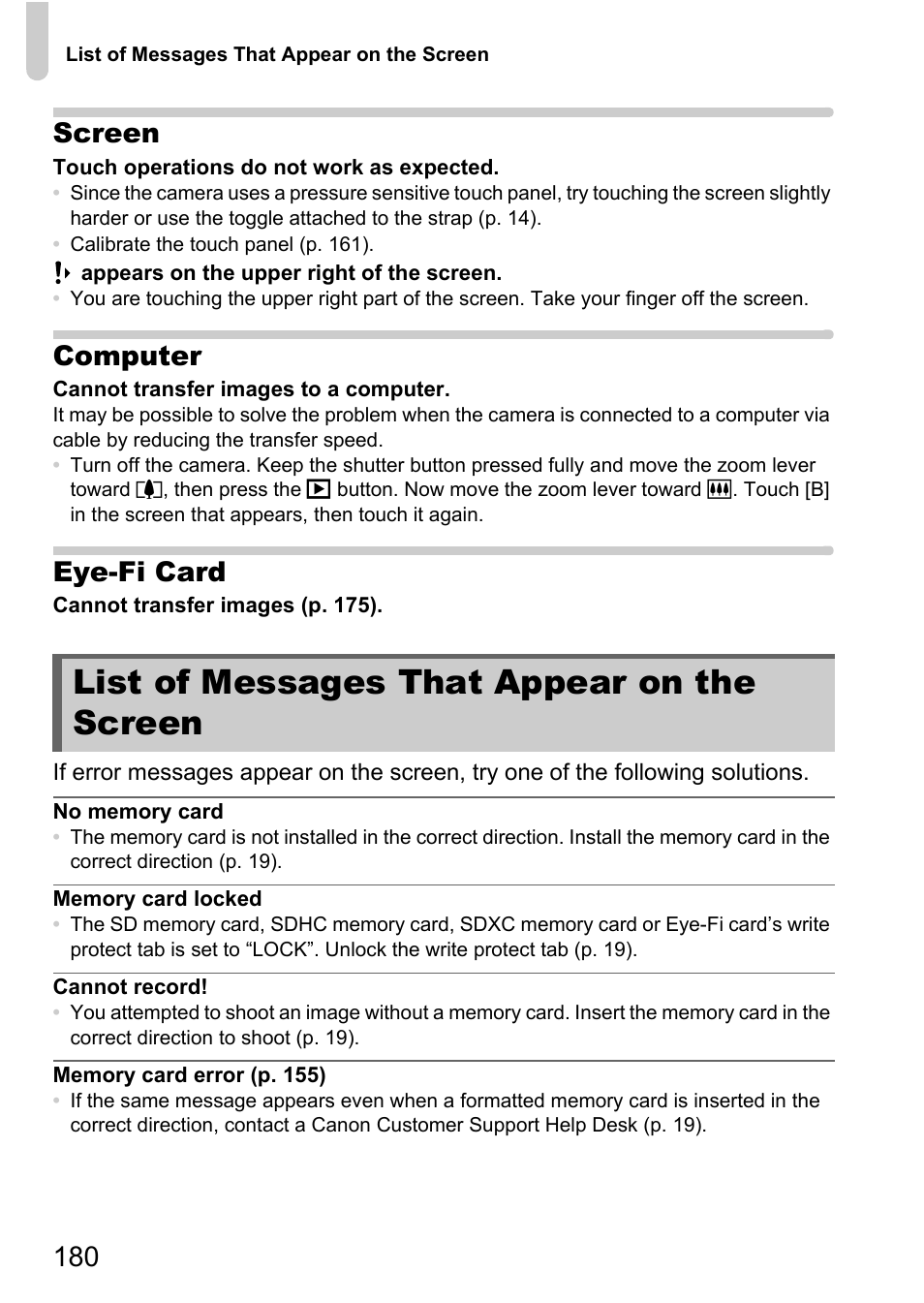 List of messages that appear on the screen, List of messages that appear, On the screen | 180 screen, Computer, Eye-fi card | Canon IXUS 1100 HS User Manual | Page 180 / 209