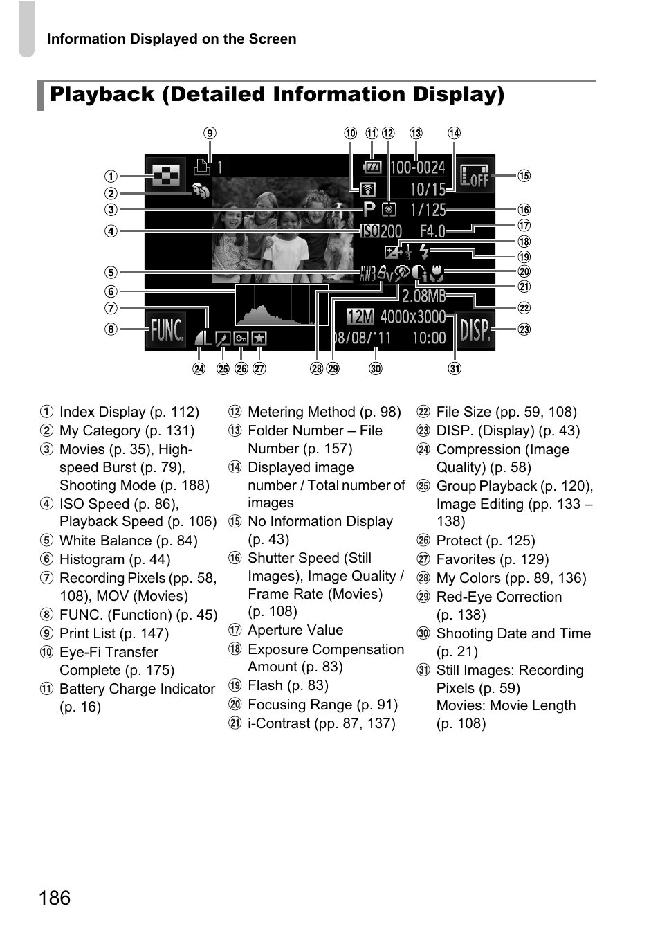 Y (p. 186, Playback (detailed information display) | Canon IXUS 1100 HS User Manual | Page 186 / 209