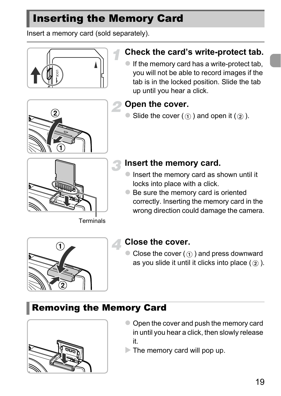 Inserting the memory card | Canon IXUS 1100 HS User Manual | Page 19 / 209