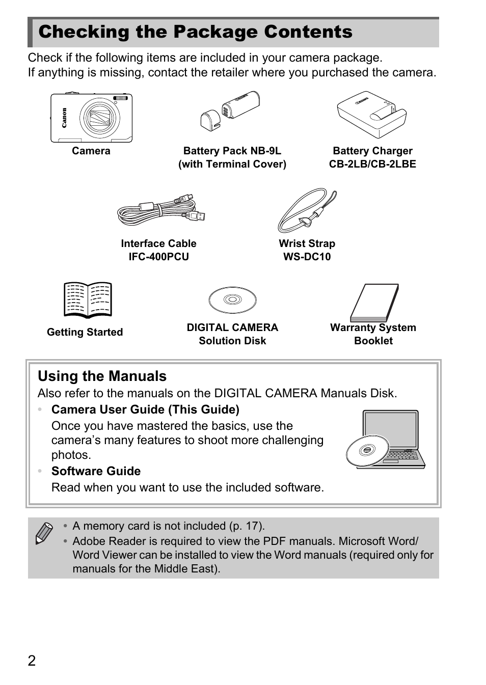 Checking the package contents, Using the manuals | Canon IXUS 1100 HS User Manual | Page 2 / 209