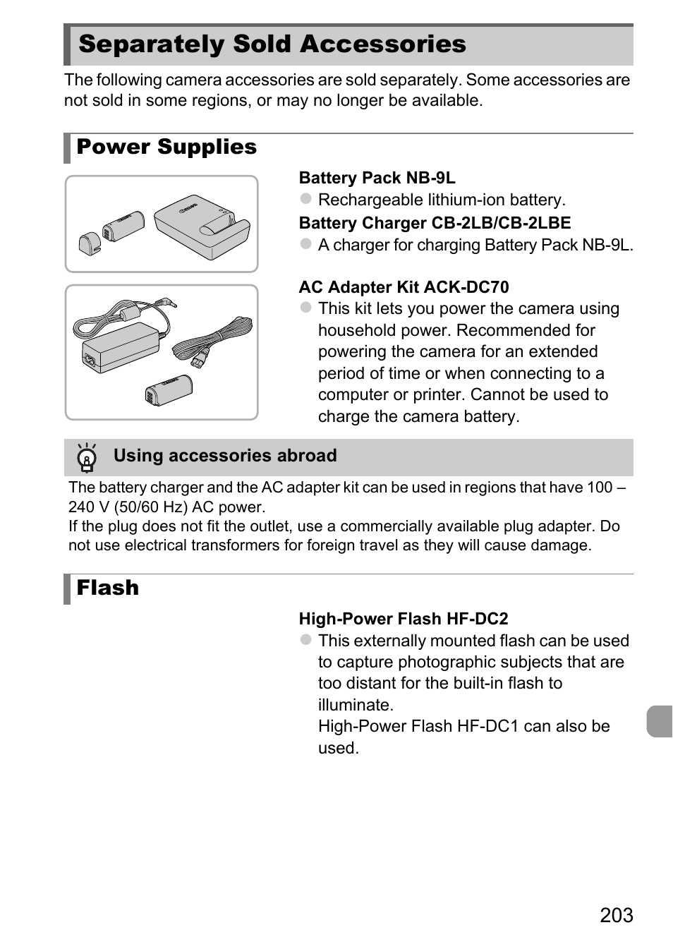 Separately sold accessories, Power supplies, Flash | Canon IXUS 1100 HS User Manual | Page 203 / 209
