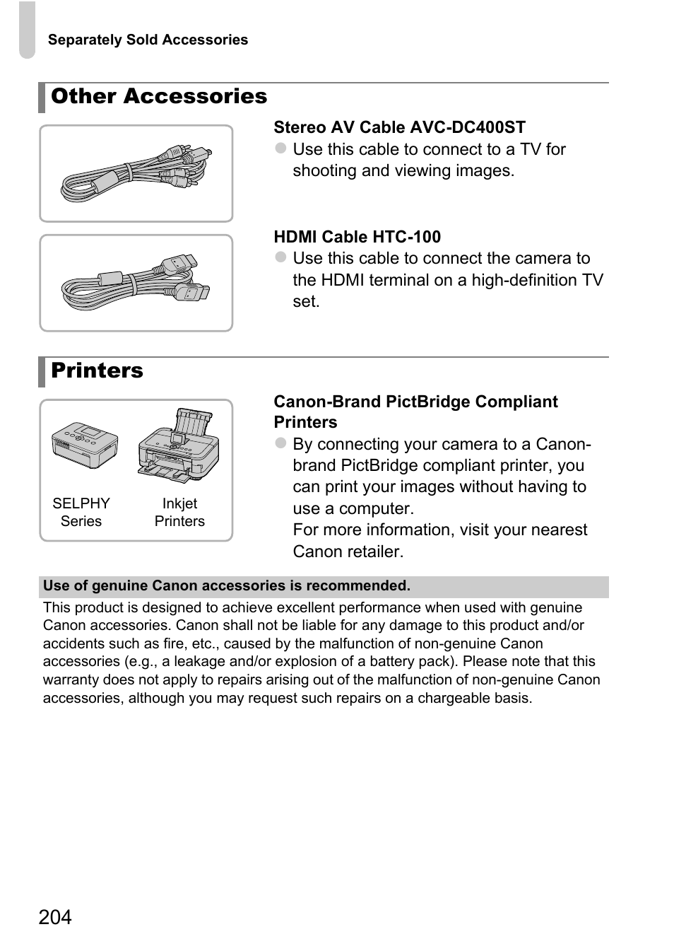 P. 204, Other accessories printers | Canon IXUS 1100 HS User Manual | Page 204 / 209