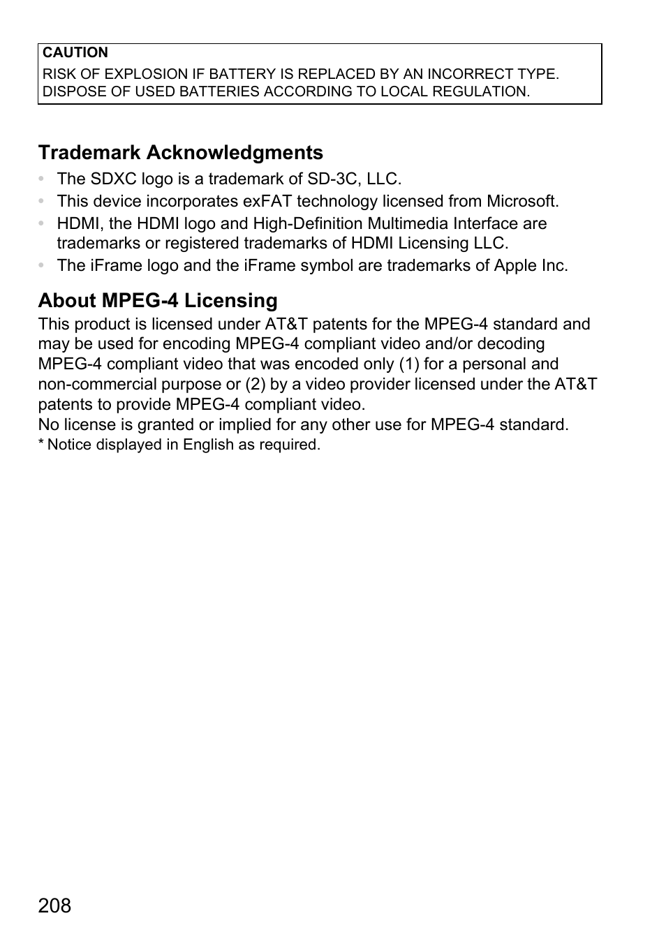 208 trademark acknowledgments, About mpeg-4 licensing | Canon IXUS 1100 HS User Manual | Page 208 / 209