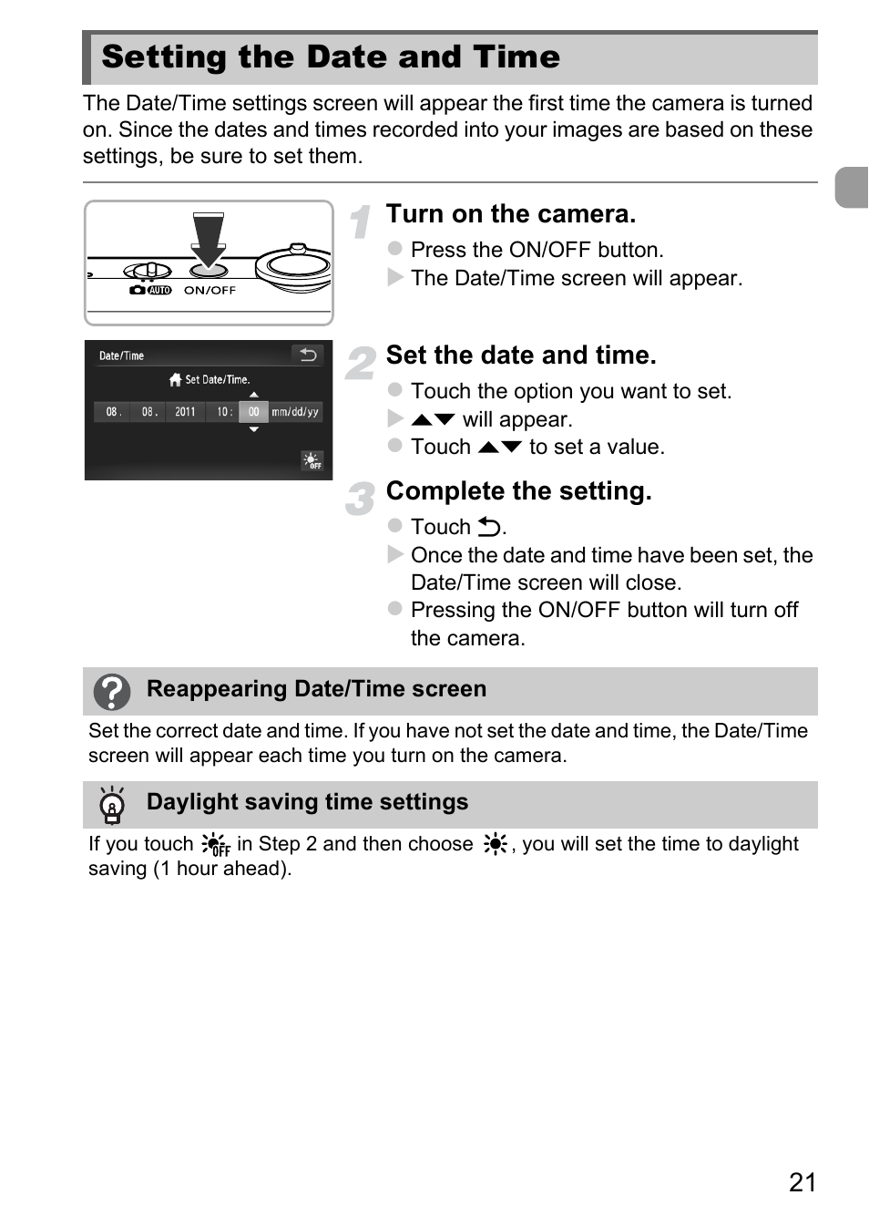 Setting the date and time, Turn on the camera, Set the date and time | Complete the setting | Canon IXUS 1100 HS User Manual | Page 21 / 209