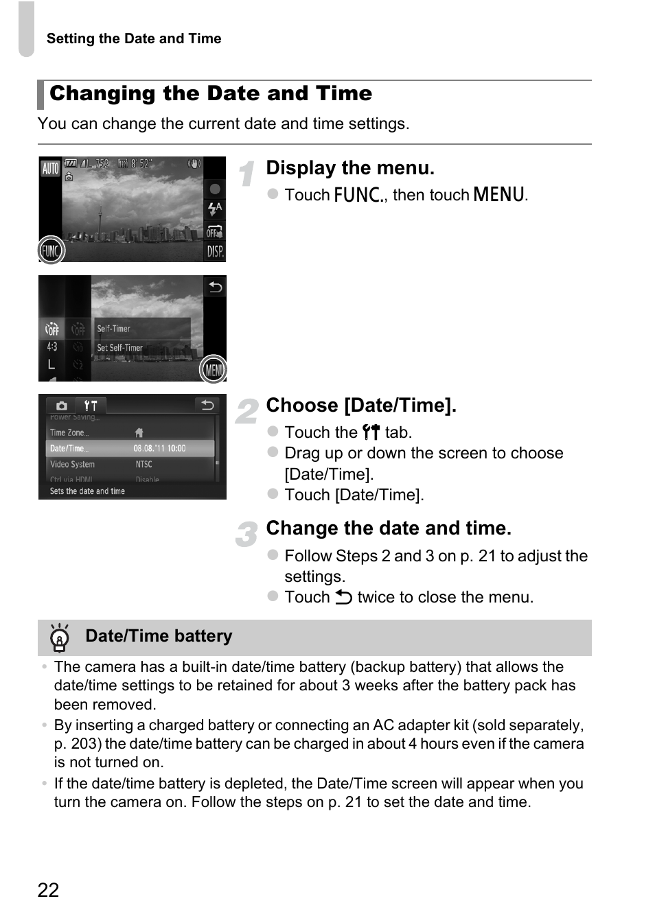 Changing the date and time, Display the menu, Choose [date/time | Change the date and time | Canon IXUS 1100 HS User Manual | Page 22 / 209