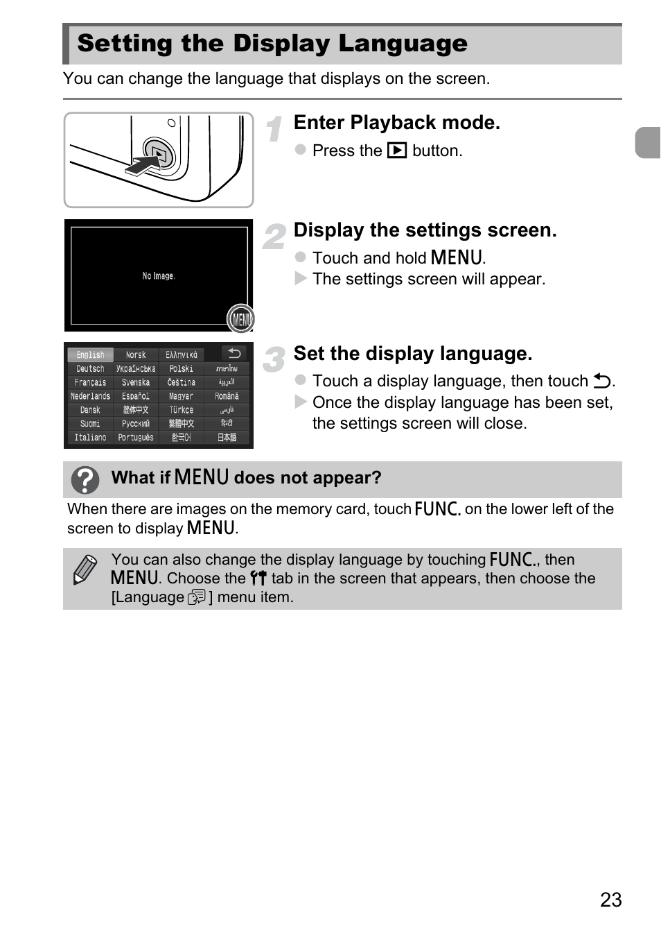 Setting the display language, Enter playback mode, Display the settings screen | Set the display language | Canon IXUS 1100 HS User Manual | Page 23 / 209