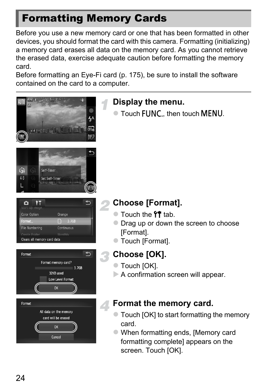 Formatting memory cards | Canon IXUS 1100 HS User Manual | Page 24 / 209
