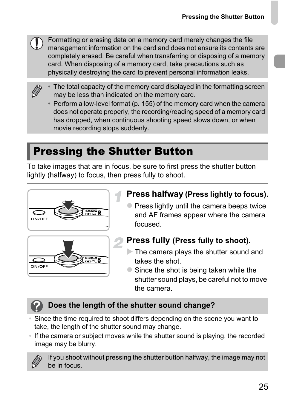 Pressing the shutter button, Press halfway, Press fully | Canon IXUS 1100 HS User Manual | Page 25 / 209