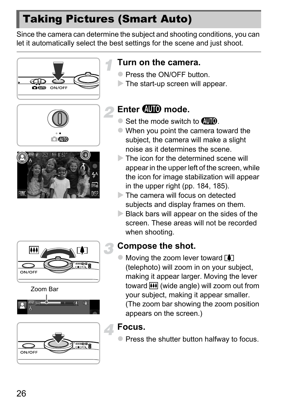 Taking pictures (smart auto) | Canon IXUS 1100 HS User Manual | Page 26 / 209