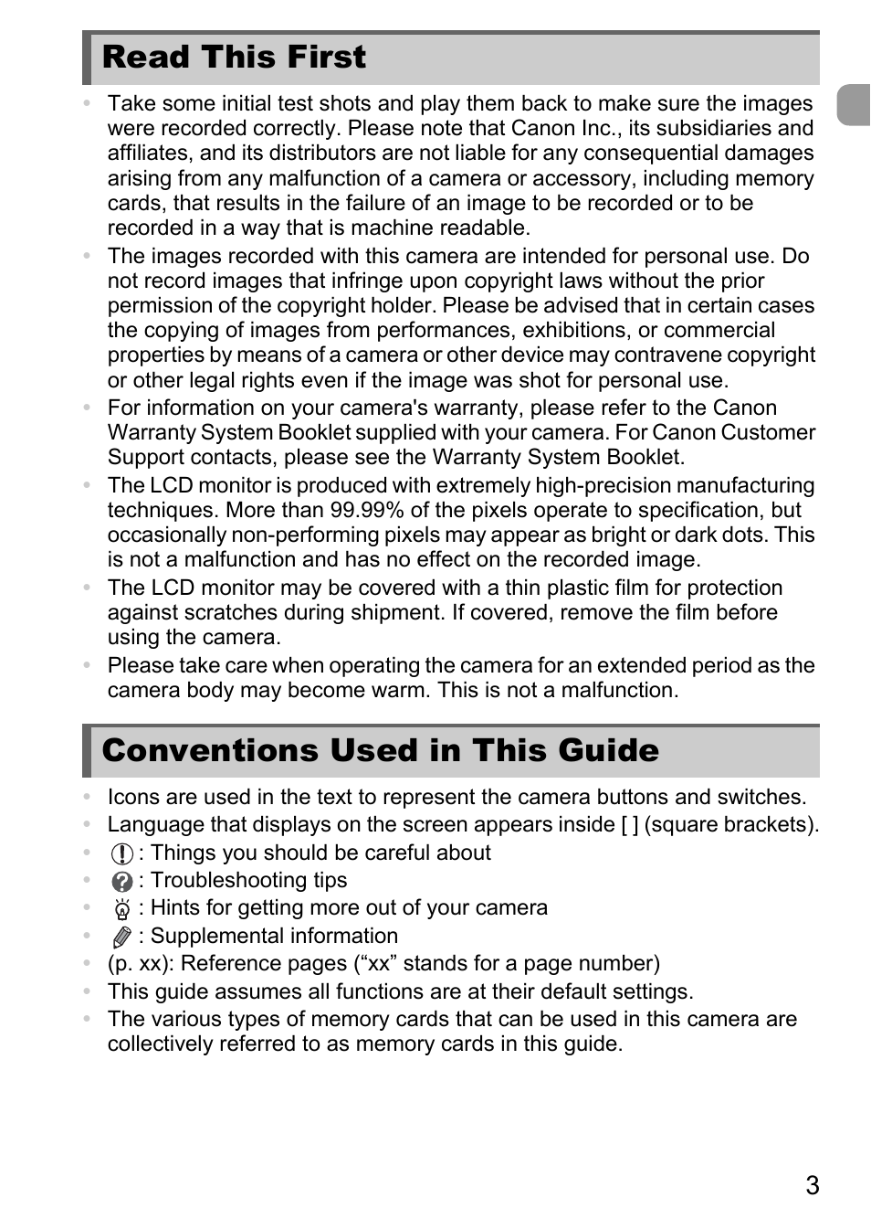 Read this first, Conventions used in this guide, Read this first conventions used in this guide | Canon IXUS 1100 HS User Manual | Page 3 / 209