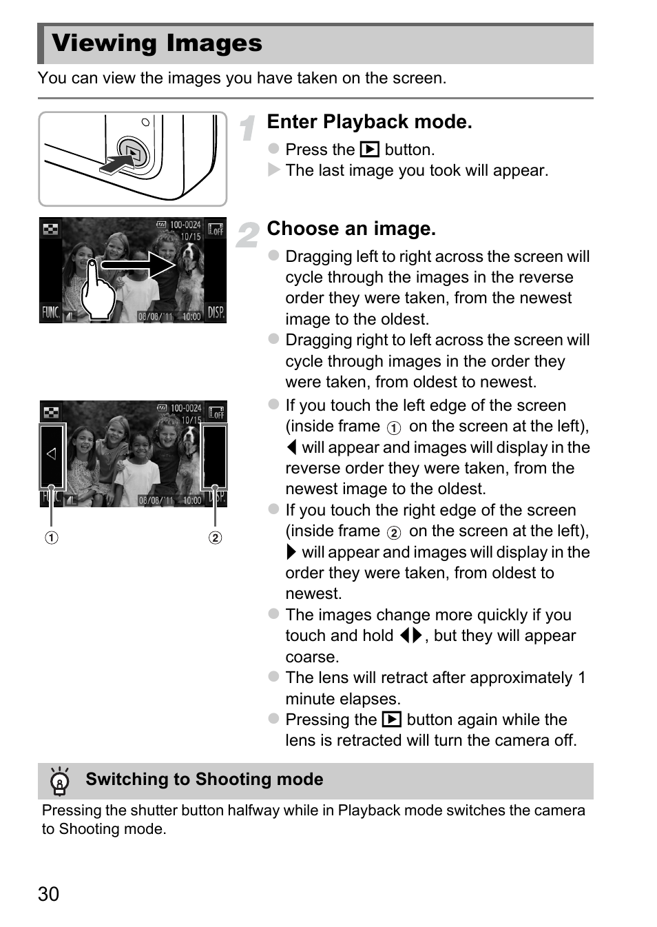 Viewing images, Enter playback mode, Choose an image | Canon IXUS 1100 HS User Manual | Page 30 / 209