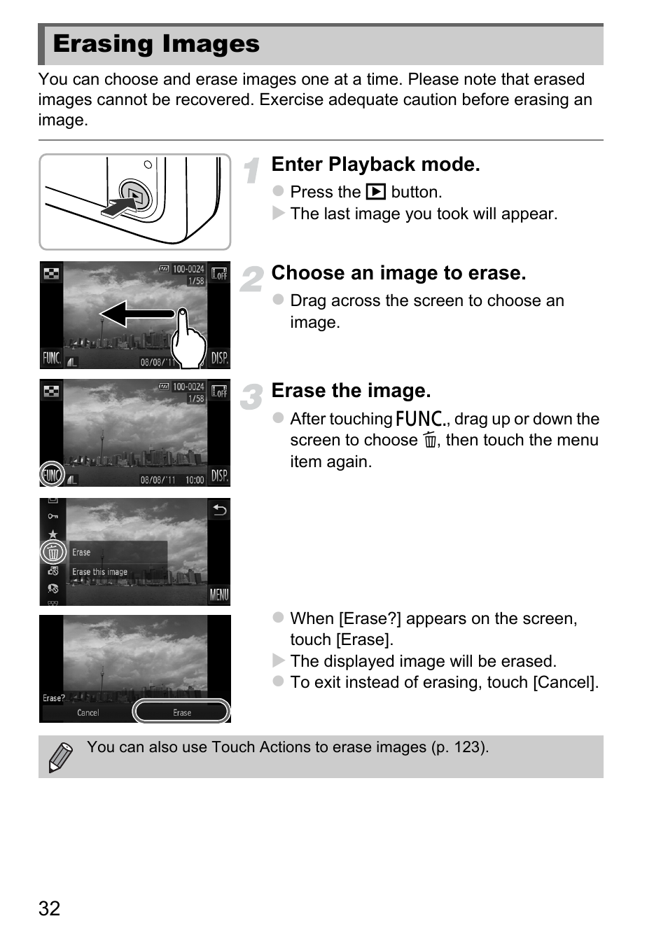 Erasing images | Canon IXUS 1100 HS User Manual | Page 32 / 209