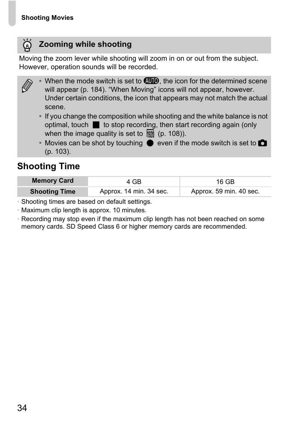 34 shooting time | Canon IXUS 1100 HS User Manual | Page 34 / 209