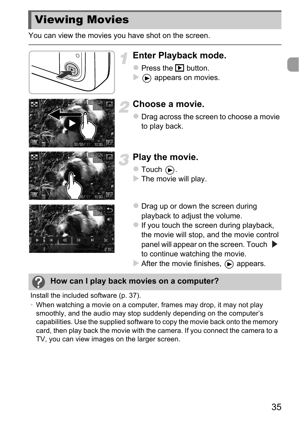 Viewing movies, Enter playback mode, Choose a movie | Play the movie | Canon IXUS 1100 HS User Manual | Page 35 / 209