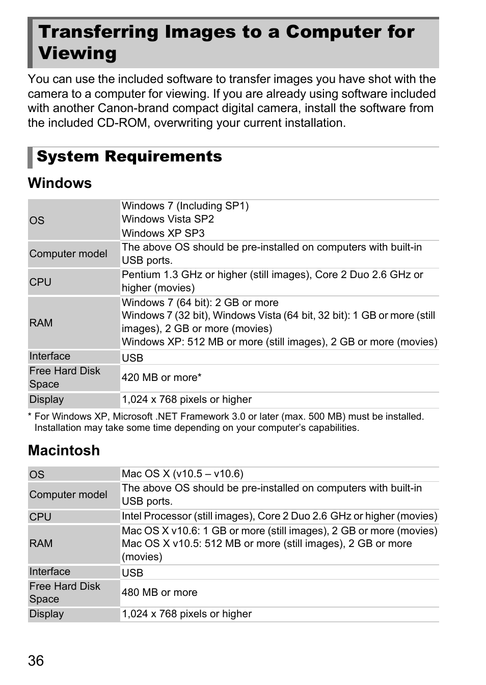 Transferring images to a computer for viewing, Transferring images to a, Computer for viewing | System requirements, Windows, Macintosh | Canon IXUS 1100 HS User Manual | Page 36 / 209