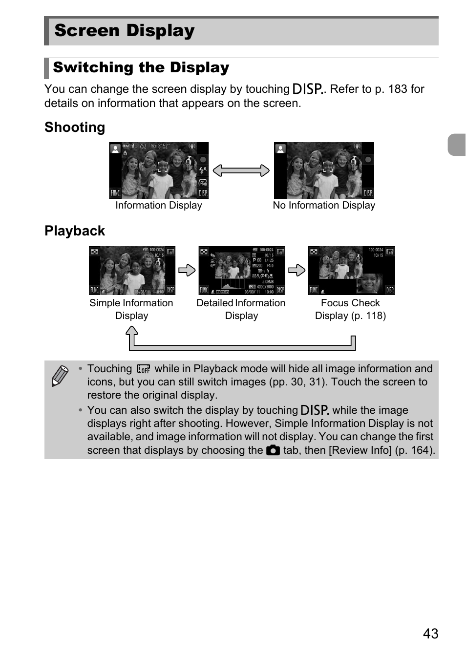 Screen display, En (lcd monitor) (pp. 43, 183, Switching the display | Shooting playback | Canon IXUS 1100 HS User Manual | Page 43 / 209