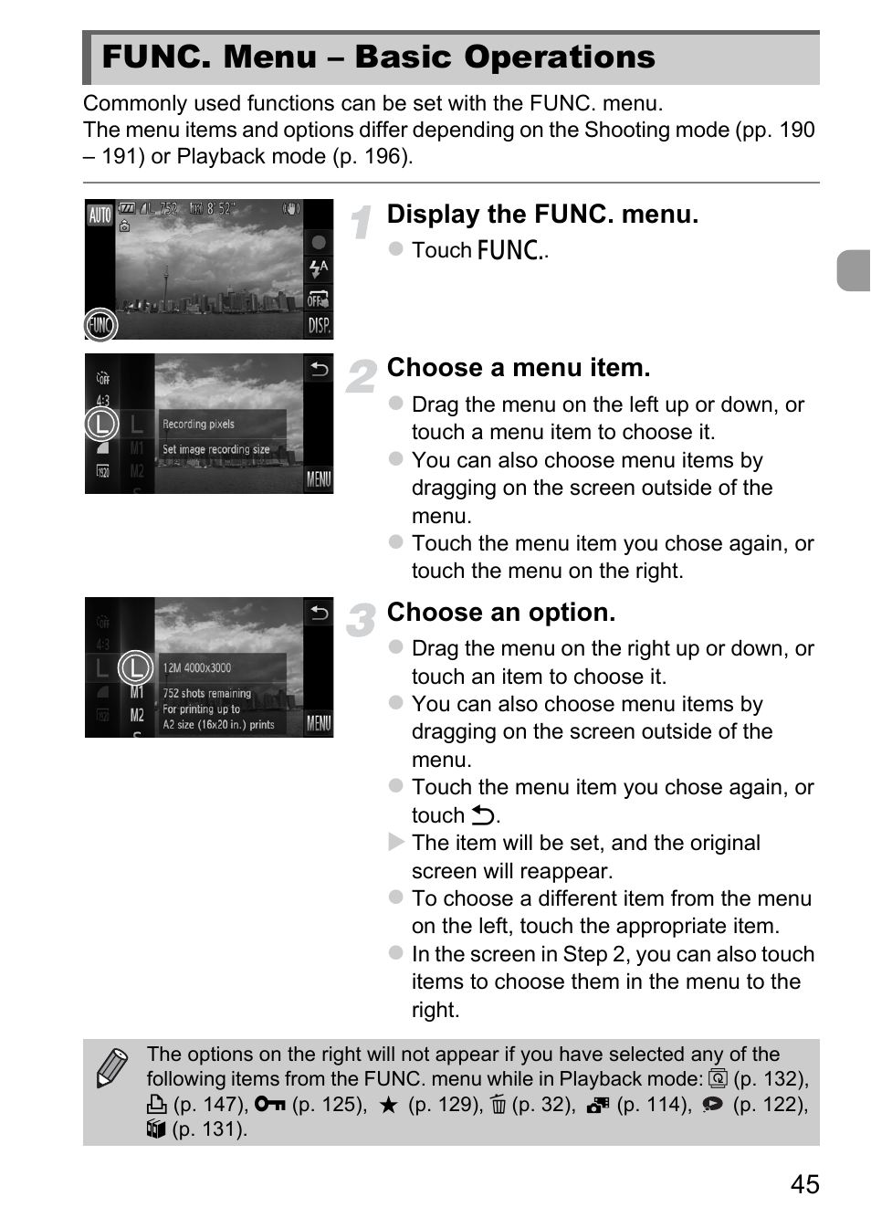 Func. menu - basic operations, Func. menu – basic operations, Display the func. menu | Choose a menu item, Choose an option | Canon IXUS 1100 HS User Manual | Page 45 / 209