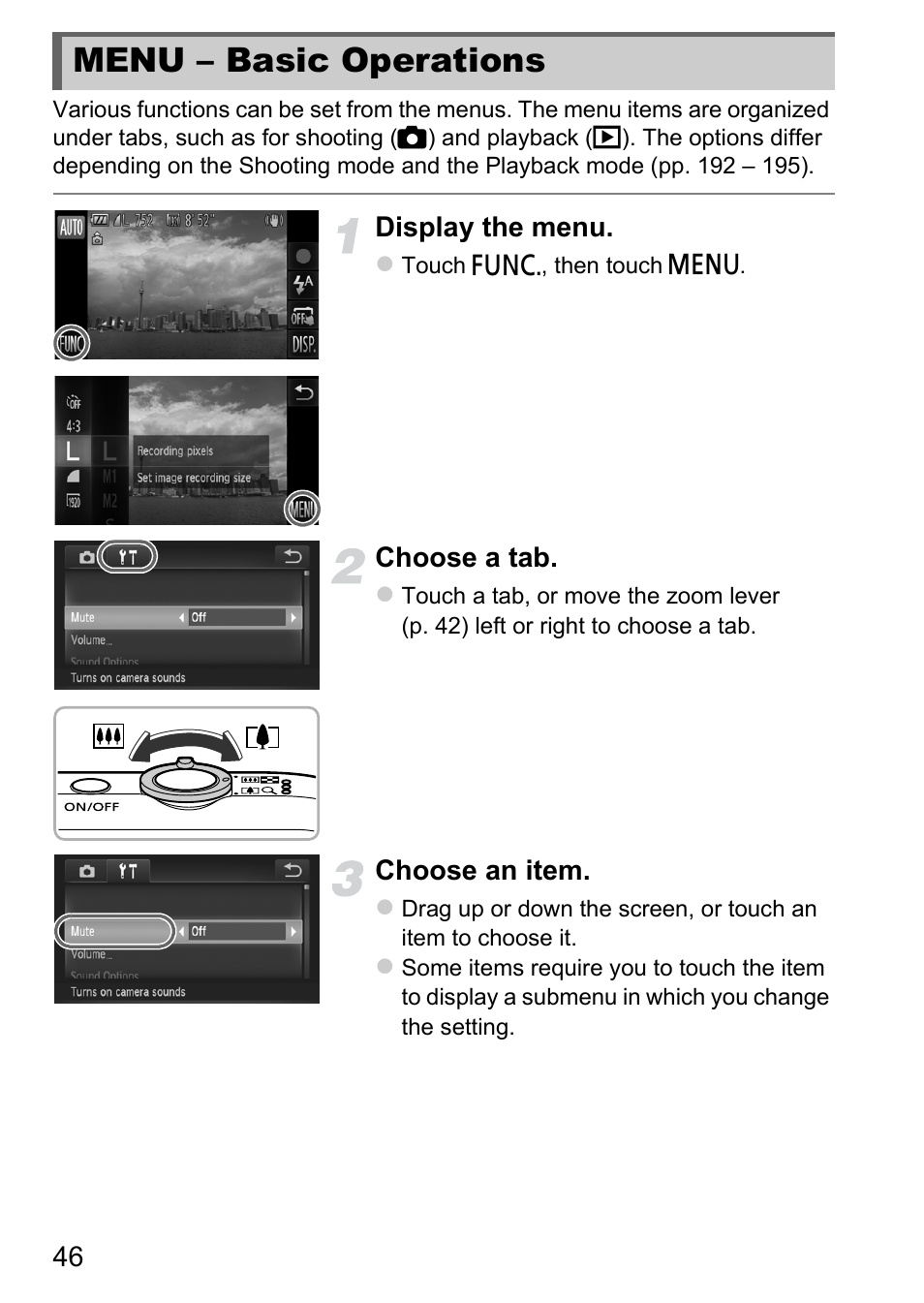 Menu - basic operations, Menu – basic operations | Canon IXUS 1100 HS User Manual | Page 46 / 209