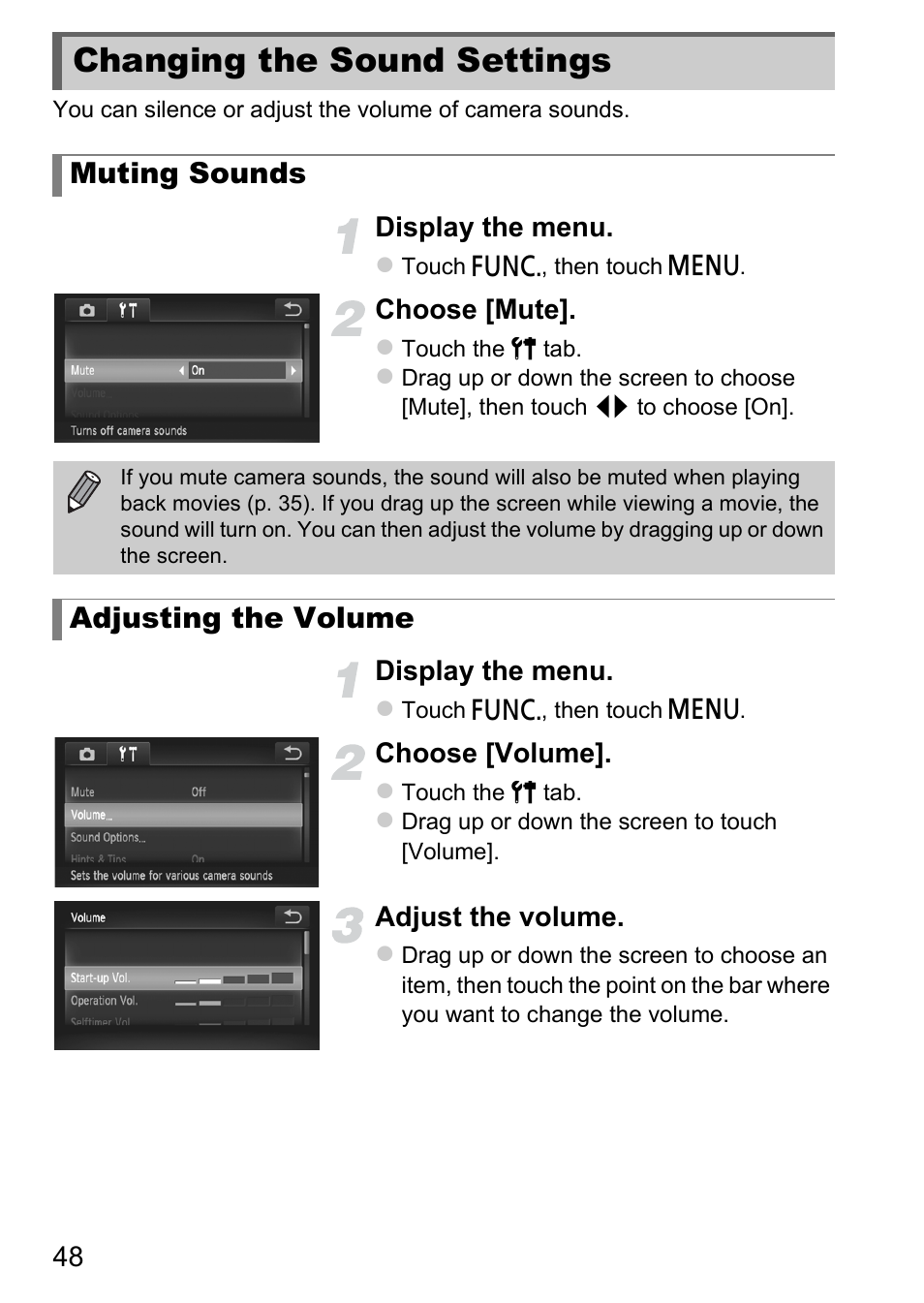 Changing the sound settings, Muting sounds, Adjusting the volume | Canon IXUS 1100 HS User Manual | Page 48 / 209