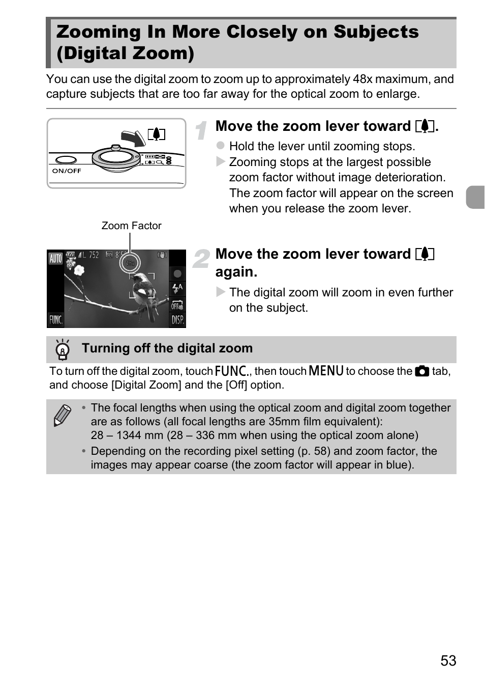Zooming in more closely on subjects (digital zoom), Zooming in more closely on, Subjects (digital zoom) | Canon IXUS 1100 HS User Manual | Page 53 / 209