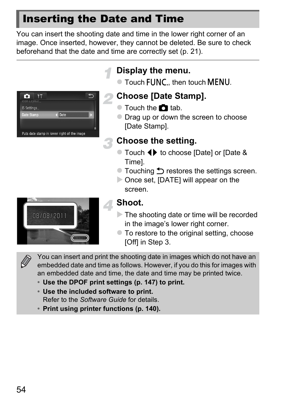 Inserting the date and time, Display the menu, Choose [date stamp | Choose the setting, Shoot | Canon IXUS 1100 HS User Manual | Page 54 / 209