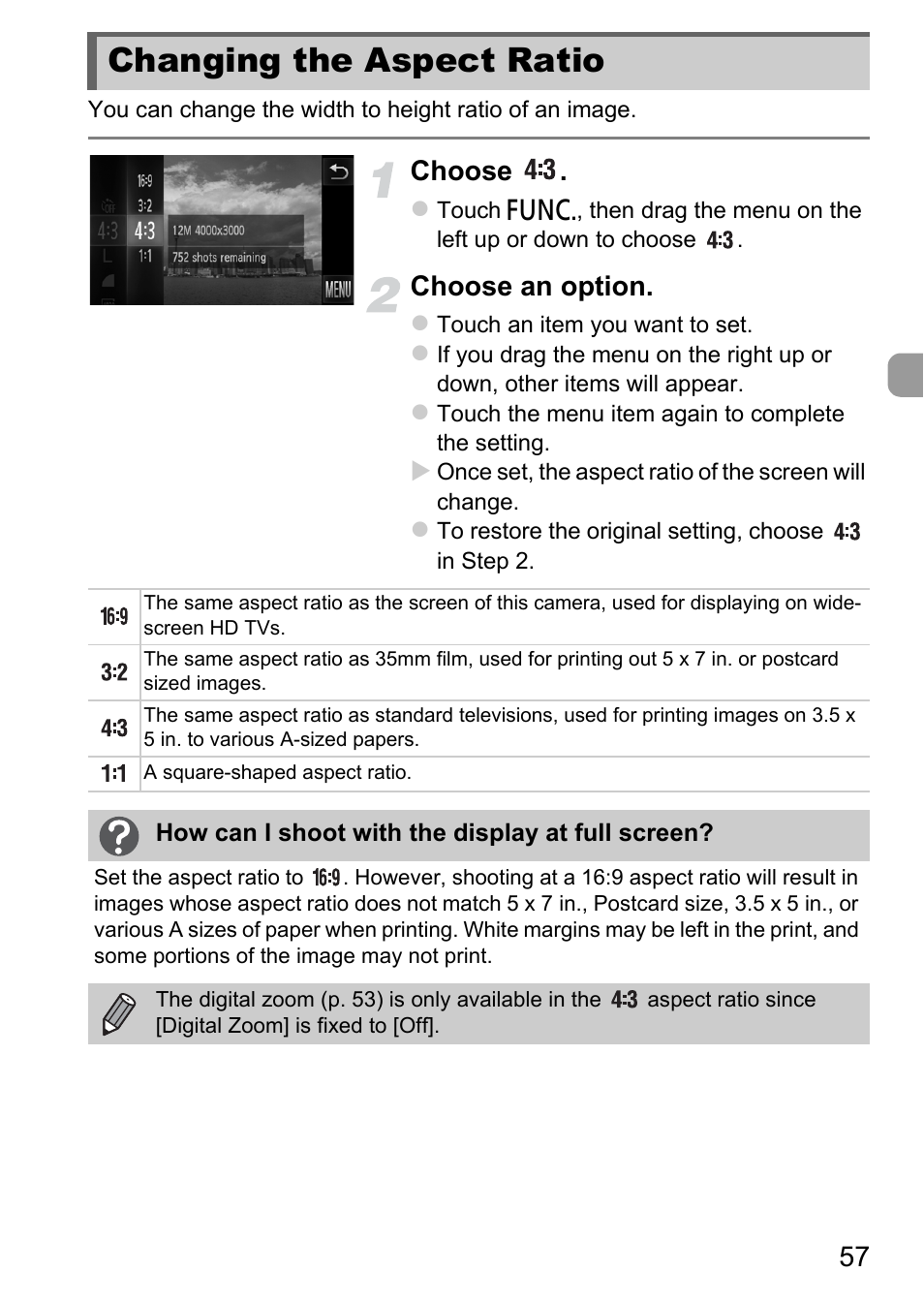 Changing the aspect ratio, Choose, Choose an option | Canon IXUS 1100 HS User Manual | Page 57 / 209