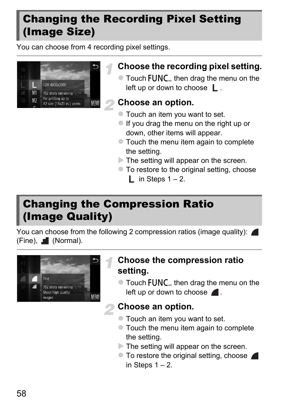 Changing the recording pixel setting (image size), Changing the compression ratio (image quality), Changing the recording pixel | Setting (image size), Changing the compression ratio, Image quality) | Canon IXUS 1100 HS User Manual | Page 58 / 209
