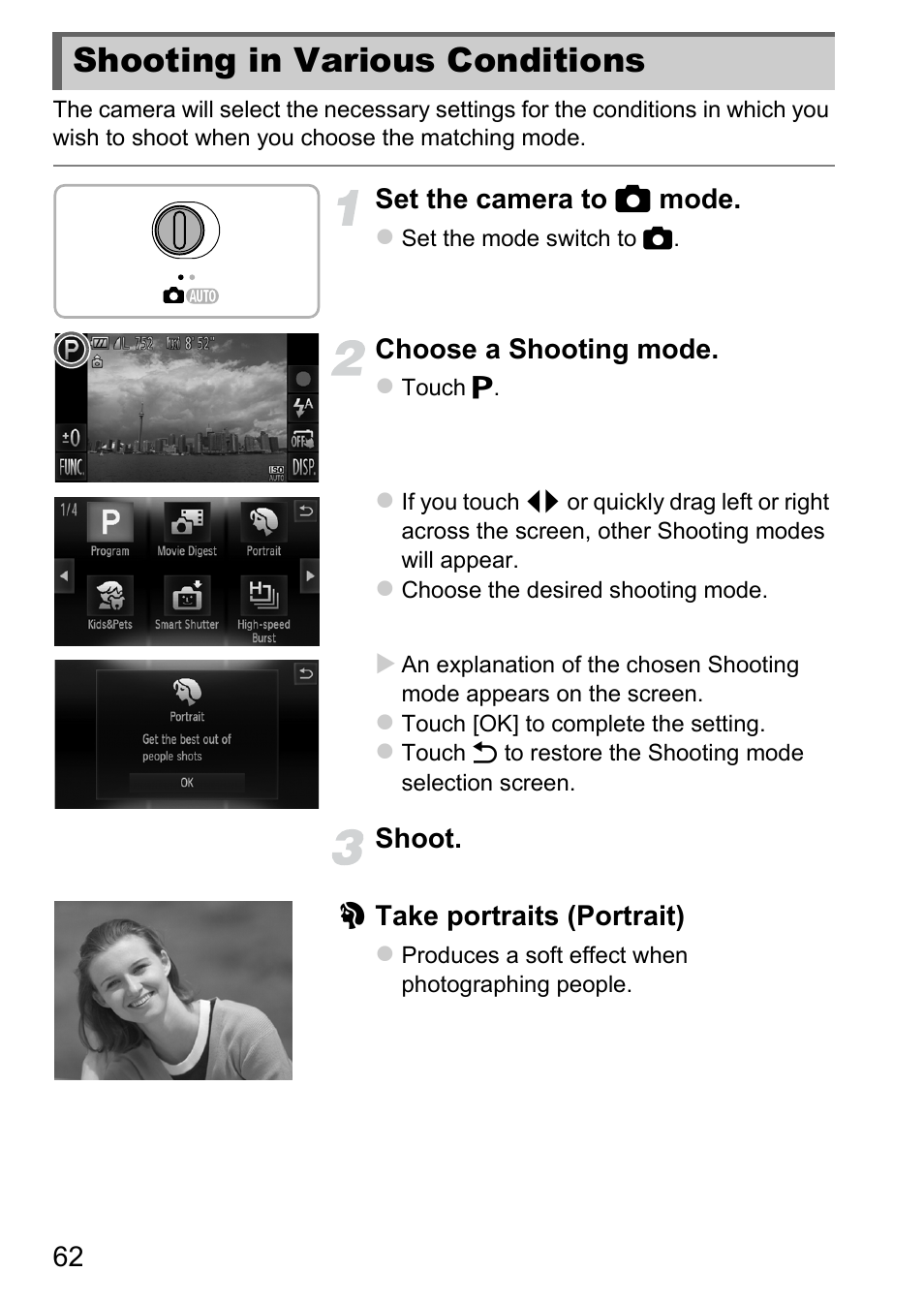 Shooting in various conditions, P. 62), For the scene (p. 62) or | Canon IXUS 1100 HS User Manual | Page 62 / 209