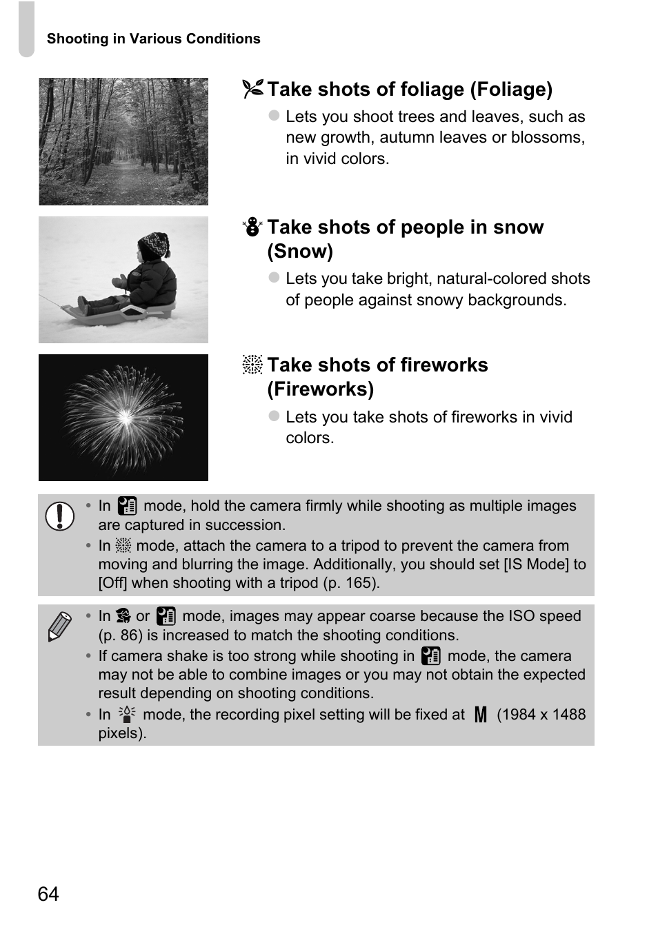 P. 64), 64 o take shots of foliage (foliage), P take shots of people in snow (snow) | T take shots of fireworks (fireworks) | Canon IXUS 1100 HS User Manual | Page 64 / 209