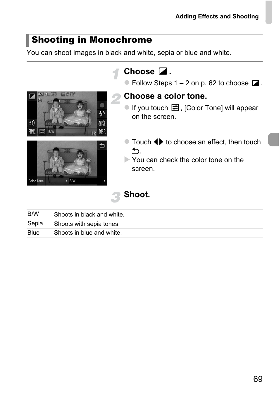 P. 69), Shooting in monochrome, Choose | Choose a color tone, Shoot | Canon IXUS 1100 HS User Manual | Page 69 / 209