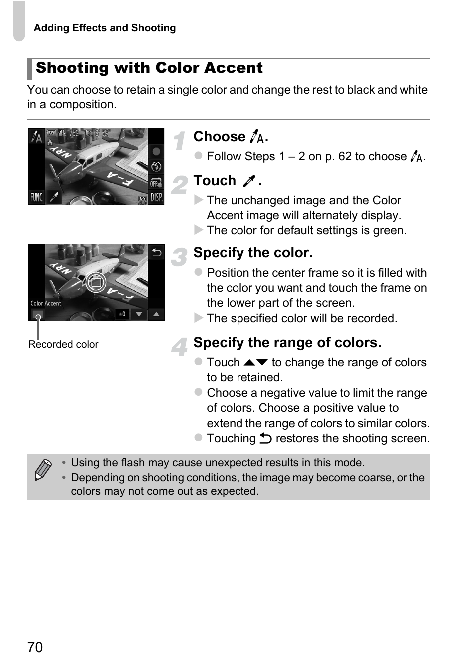 P. 70), Shooting with color accent, Choose t | Touch, Specify the color, Specify the range of colors | Canon IXUS 1100 HS User Manual | Page 70 / 209