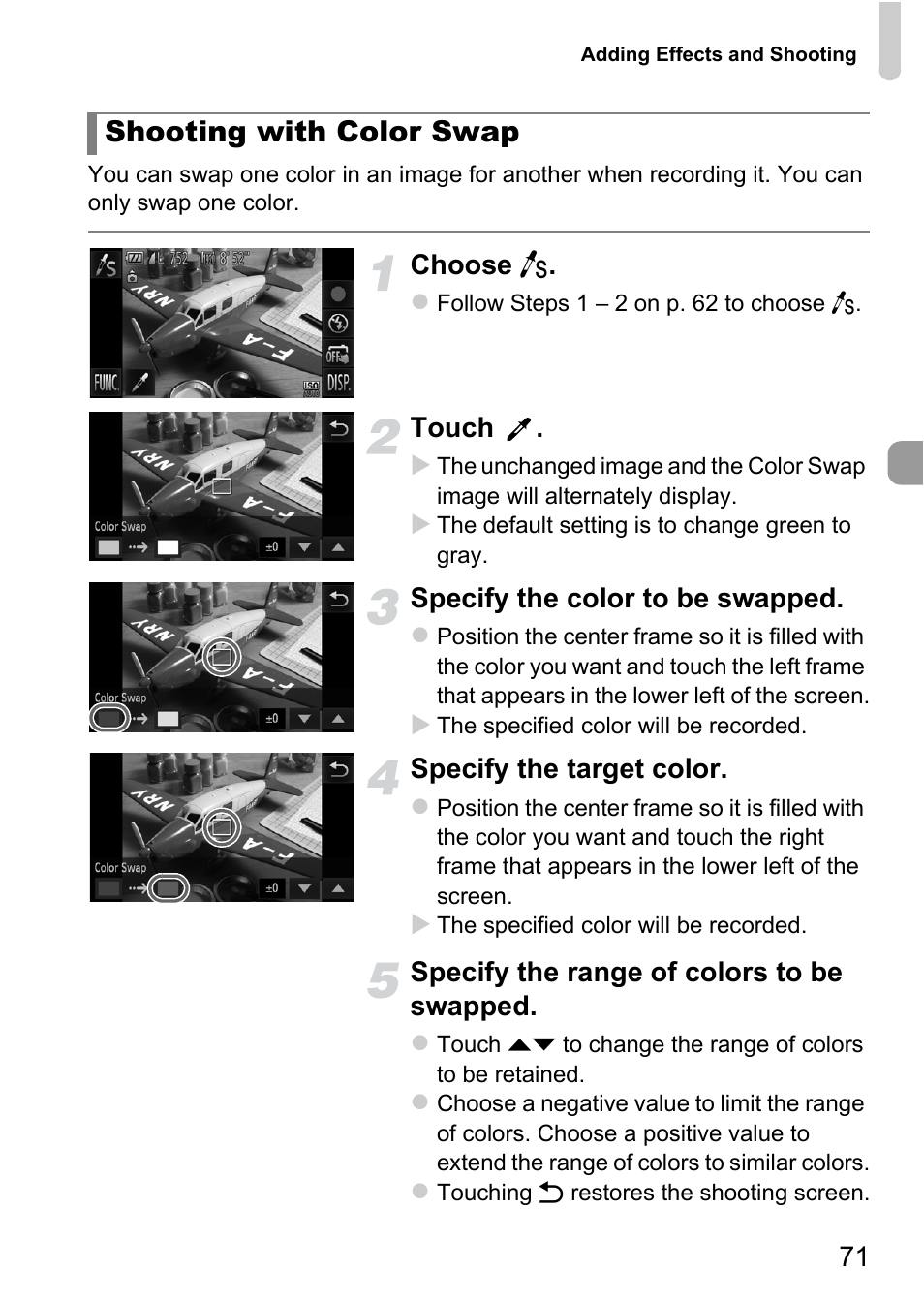 P. 71), Shooting with color swap | Canon IXUS 1100 HS User Manual | Page 71 / 209