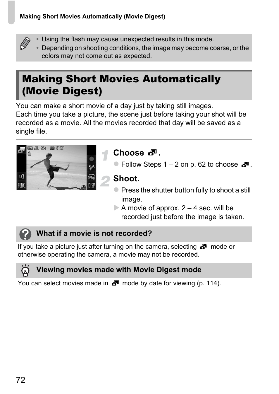 Making short movies automatically (movie digest), Making short movies automatically, Movie digest) | Choose, Shoot | Canon IXUS 1100 HS User Manual | Page 72 / 209